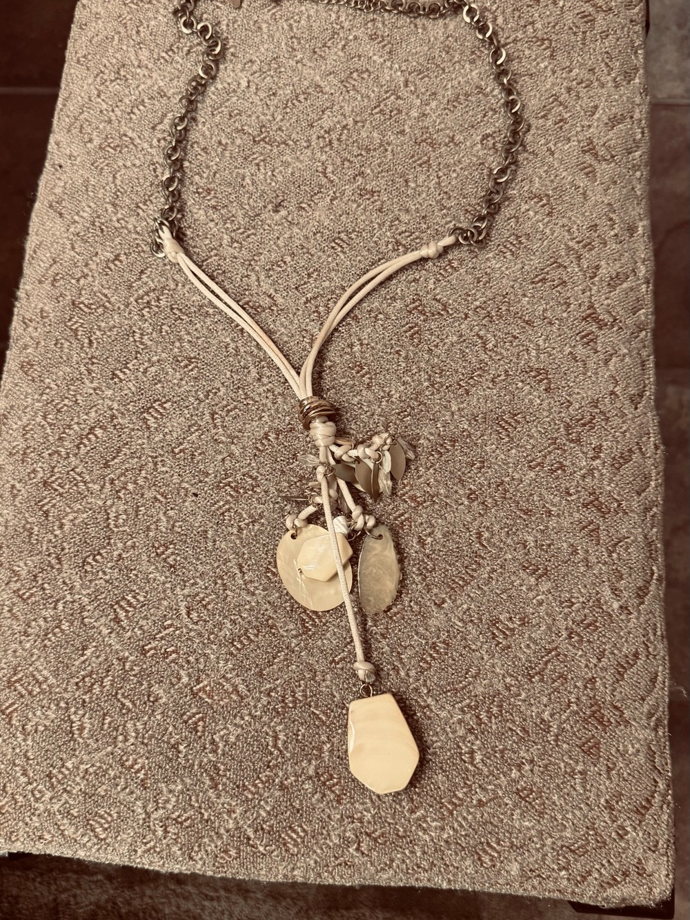 Source Unknown Beige Cord Necklace with Gold Discs